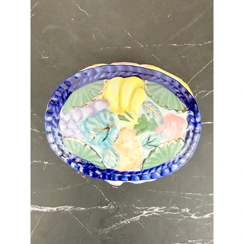 VTG Oval Shaped Footed Ceramic Trinket Box w/ Fruits Flowers Geese Pigs Animals